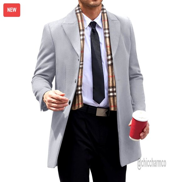 Classic Wool Blend Trench Coat Detachable Plaid Scarf Single Breasted Overcoat